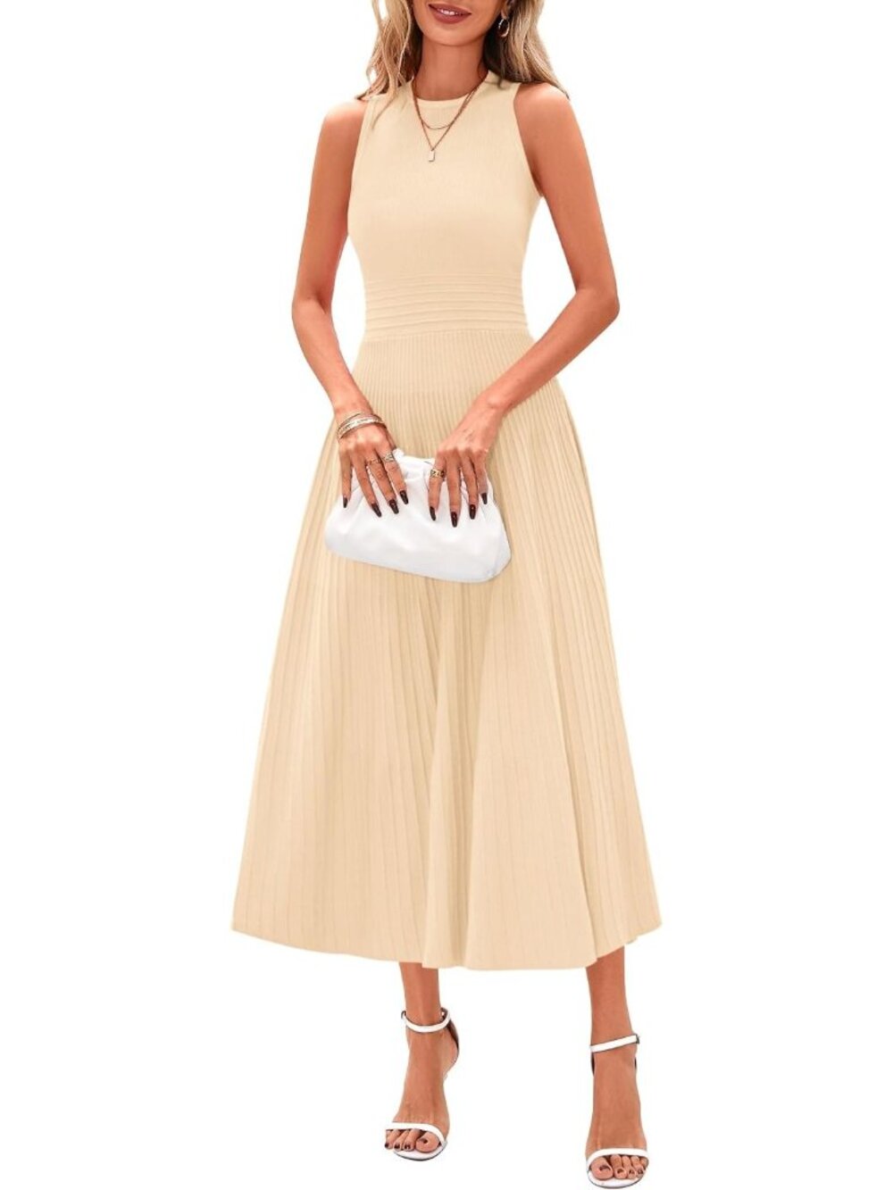 Women's Apricot Sleeveless A Line Summer Pleated Midi Work Wedding Guest Dresses